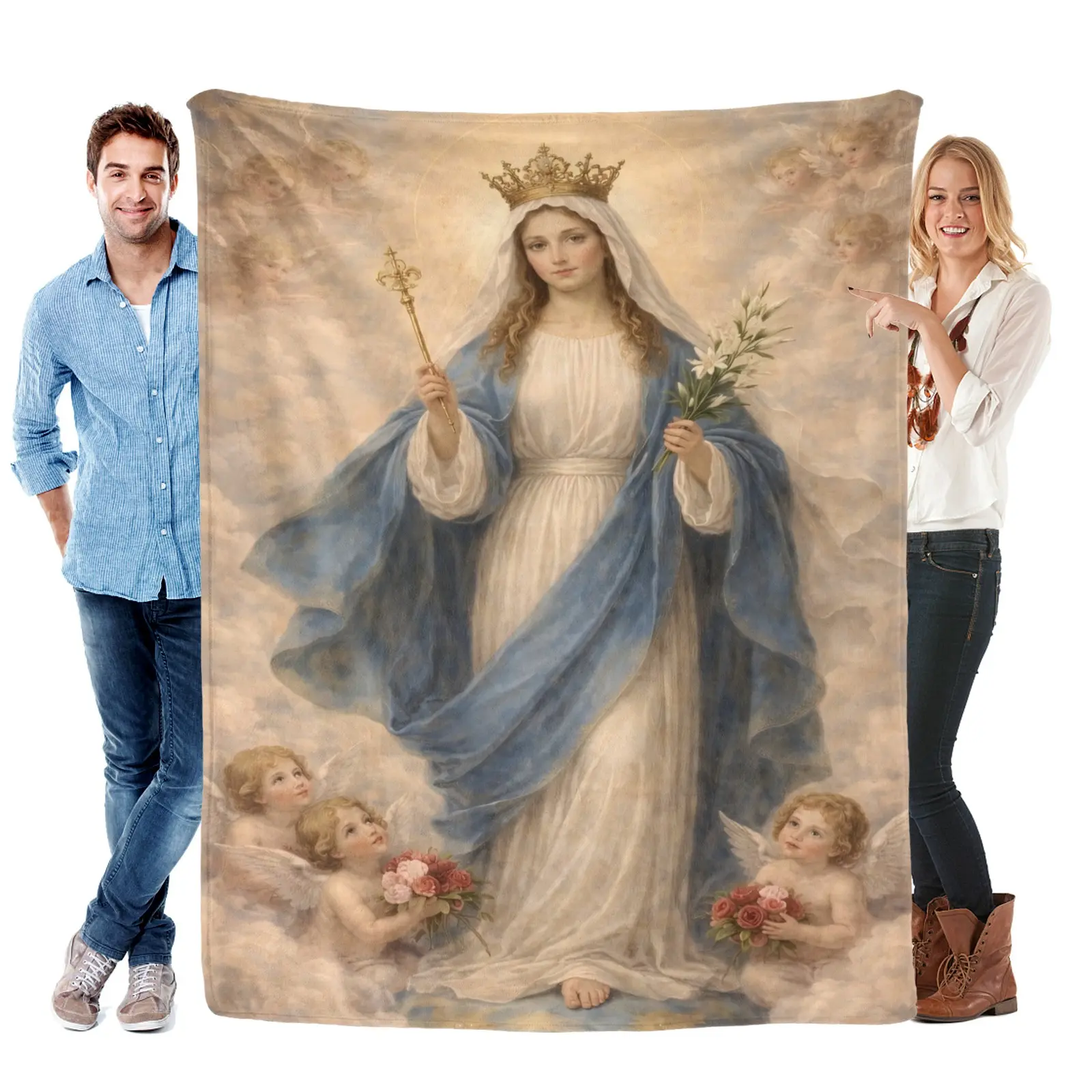 30x40 In Blessed Virgin Mary with Cherubs Religious Print Flannel Throw Blanket - Cozy Aesthetic, Soft Durable Flower Blanket, Elegant Heavenly Floral Design, Catholic Gift for Devotees, 80x60Big for Adults Comfy Vibes Bedroom Prayer Space Essential