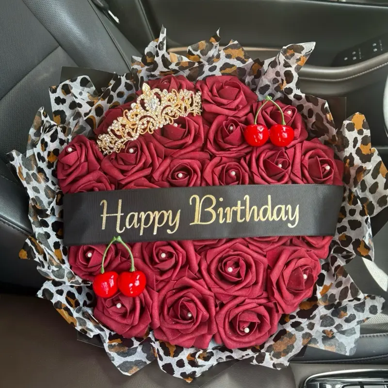 Burgundy Eternal Rose Bouquet - with Cherries, Cheetah-Leopard Tissue Rim, & Gold Crown - Ideal for Birthdays, Anniversaries, Graduation and Just Because Gifts