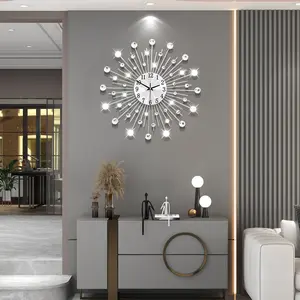 Large Wall Clocks for Living Room Decor Modern Big Silent Wall Clock Battery Operated Quartz for Office Kitchen Bedroom Home Decoration 20 Inch Silver Crystal Round Clock Wall Decor for Indoor