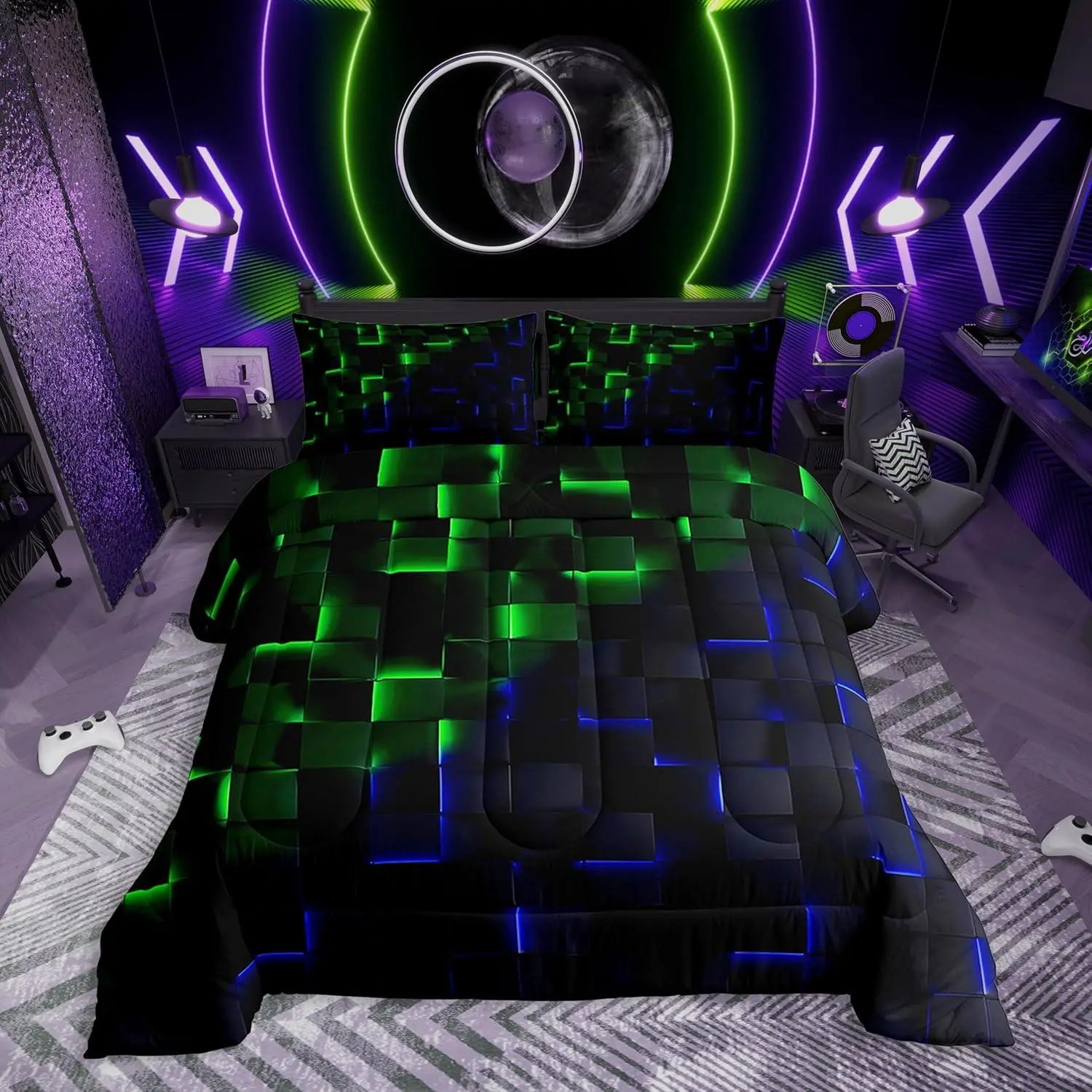 Black Blue Green Comforter Set,3D Geometric Plaid Bedding Set,Neon Gradient Quilt Bed Set,Abstract Gaming Bedroom Decor for Kids Boys Girls