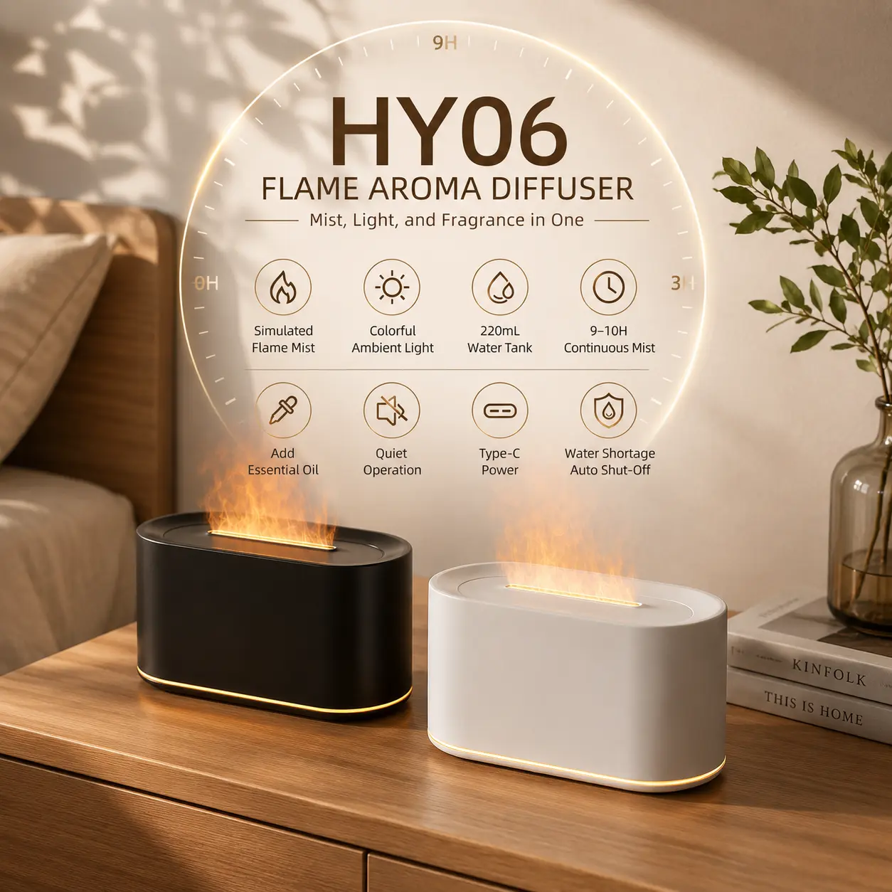 Mini Flame Humidifier with 7-Color LED Light, USB Powered Aroma Diffuser, Cool Mist Essential Oil Diffuser for Desk Bedroom & Home Decor