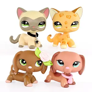 4PCS Mini Pet Figures Playset, Short Hair Cats & Dachshund Dogs Action Figurines with Accessories, Collectible Small Animal Toys with Collar, Flower & Scarf, Ideal Gift for Kids Ages 4+