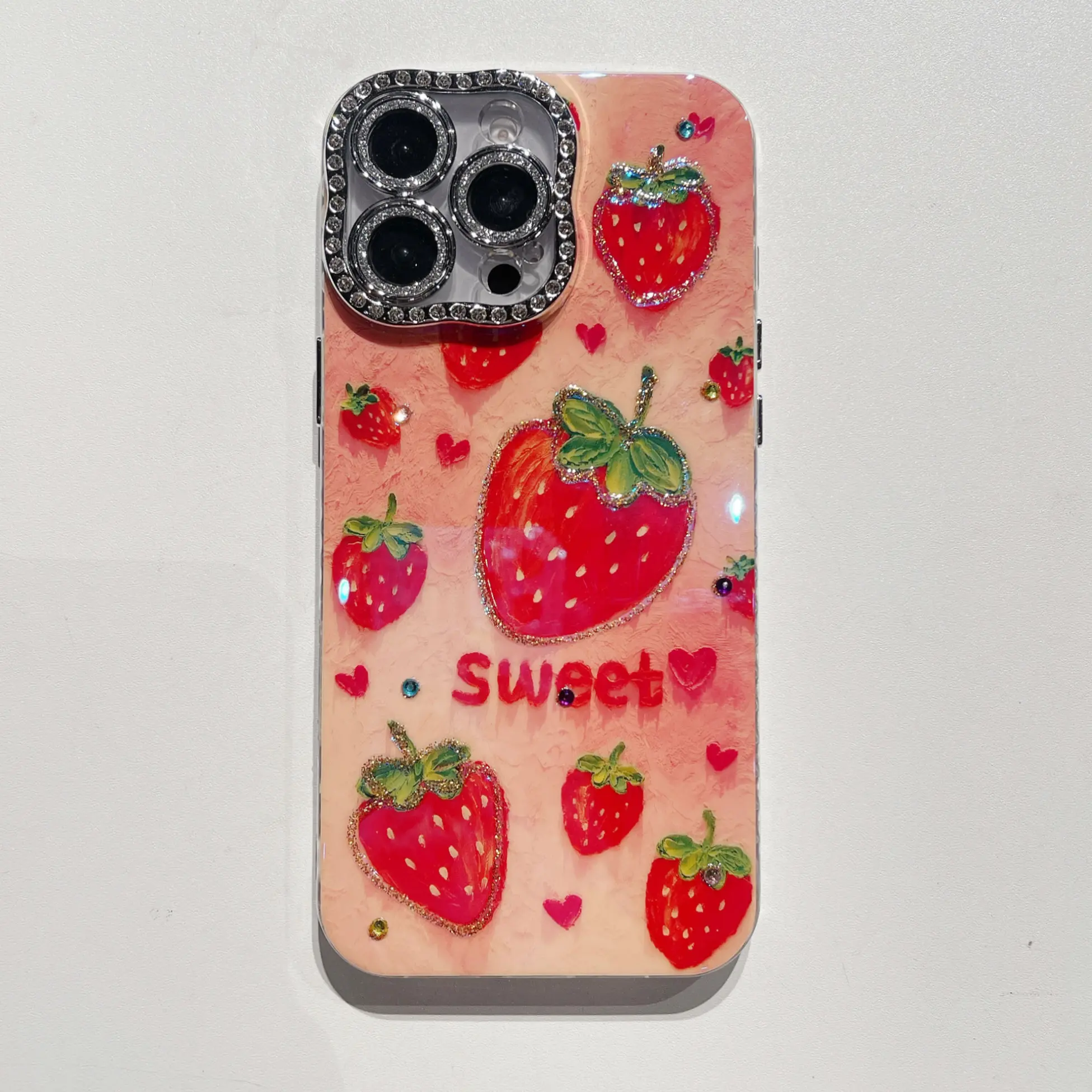 Rhinestone Camera Frame Phone Case, Sweet Strawberry Cherry Gem Decor Clear TPU Cover for iPhone 14-17 Pro Max