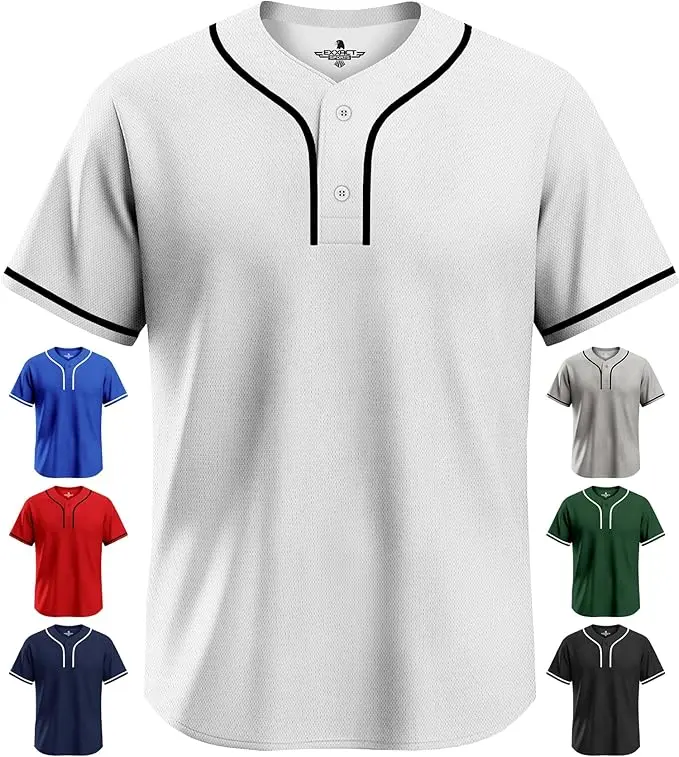 Exxact Sports Blank Baseball Jersey Men, 2-Button Plain Baseball Jersey, Sports Uniforms Women Softball Jersey Men - (White, A)