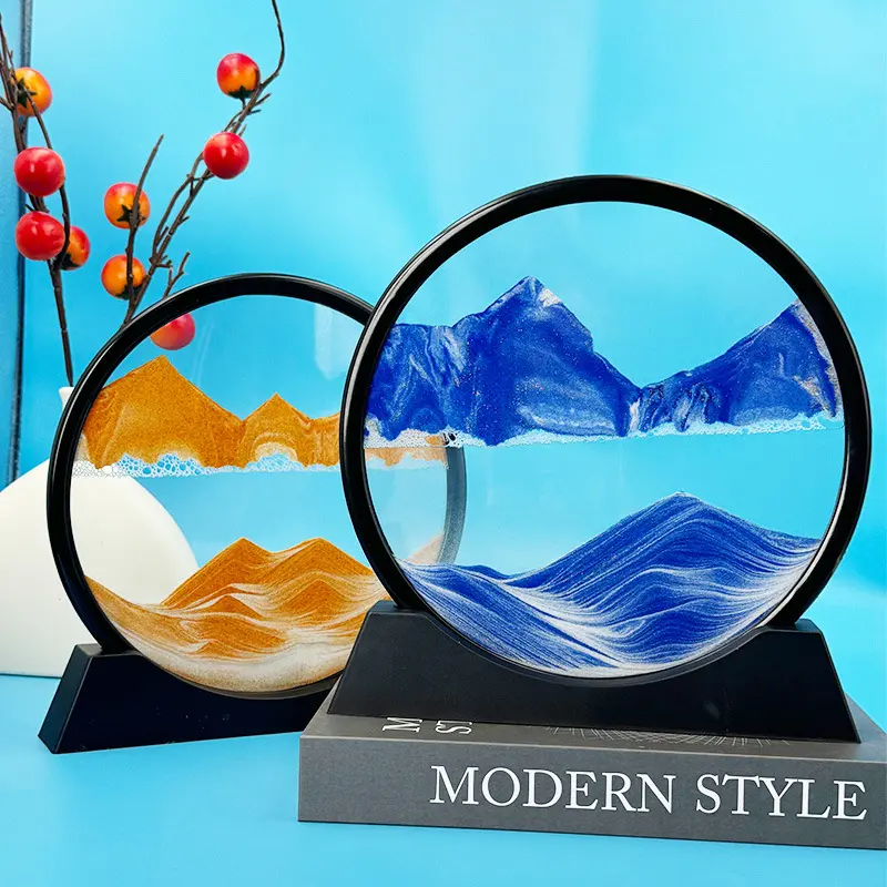 Quicksand Art Ornament Living Room Decoration Creative 3D Three-Dimensional Hourglass Art Moving Scene Home Gift Decoration Hourglass Ornament Figurine Artwork Modern Style Black Frame-Blue