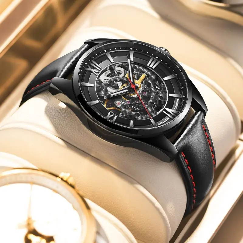 SOLLEN men’s mechanical automatic watch with openwork design, water-resistant, luminous leather strap—stylish black “Warrior” model, ideal for gifting on birthdays, Valentine’s Day, wedding anniversaries, and Father’s Day — SL615