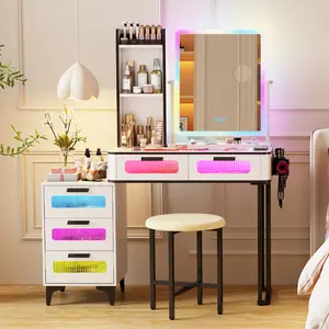 FREDEES Vanity Desk with Mirror and Lights,Vanity Desk Set with Glam Glass Top&USB Charging Station,Makeup Vanity with 5 Drawers&Cushioned Stool,Makeup Desk with Hidden&Open Storage Shelve,White Dresser Table Furniture Organization
