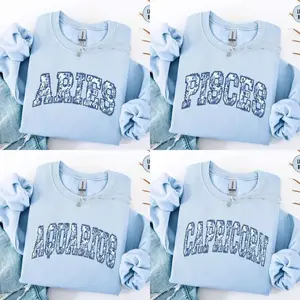 Custom Zodiac Sweatshirt - Light Blue, Cute Horoscope Astrology Graphic Sweatshirt, Unisex Crewneck Sweatshirt, Personalized Zodiac Energy Gift for Birthday, Star Sign Lovers, Celestial Sweatshirt - AL