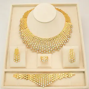 Luxury Shiny Zircon Jewelry Set For Women Italian Classic Design Golden Necklace Bracelet Earrings And Ring Daily Wear Wedding Party Gift