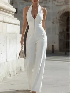 Elegant Backless Zipper Wide Leg Jumpsuit, High Waist Flowy Design, Perfect for Office, Vacation, Parties, Unique Style Essential, Womenswear Chic