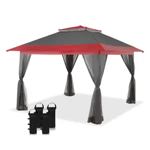 CROWN SHADES 13 x 13 Foot Pop Up Gazebo Canopy Shelter, Outdoor Canopy w/ 4 Mosquito Net Sidewalls, Push Center Lock, and Wheeled Carry Bag, Red/Grey