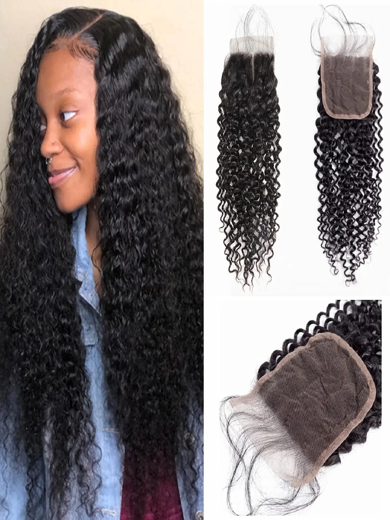 4x4 Lace Closure Kinky Curly Human Hair, Transparent Lace Closure Frontal, Remy Human Hair for Women, Sexy Style, Holiday & Party, Human Hair Weave