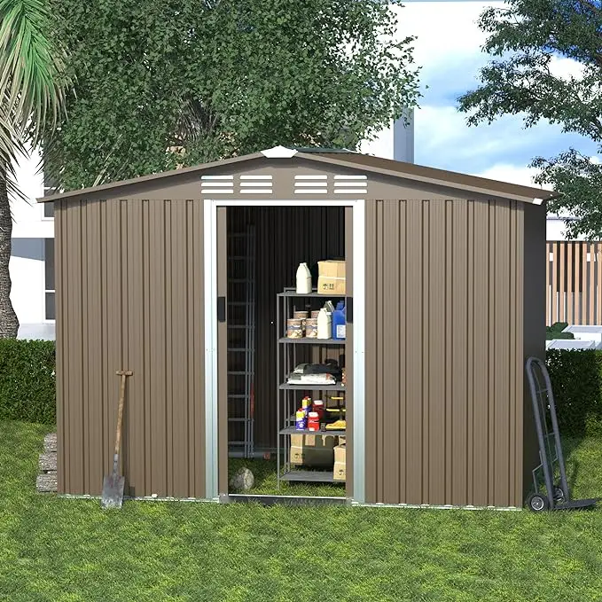Metal Storage Shed for Outdoor with Design of Lockable Slide Doors and Air Vent, Tiny House Utility and Tool Storage for Garden, Backyard, Patio Lawn
