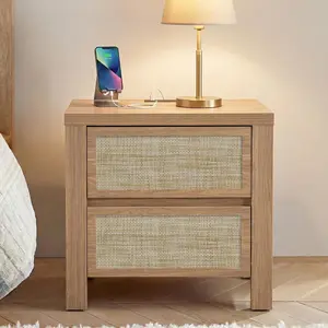 Yechen Nightstands, Night Stands with Charging Station & PE Rattan Decor Drawer, Bed Side Tables, Boho End Table for Bedroom, Living Room, (Natural Walnut, Walnut)(2 Drawers, 3 Drawers)