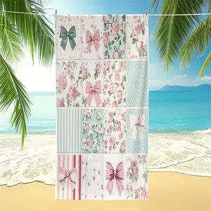 Floral Bow Macaron Color Farmhouse Patchwork Print Beach Towel, Quick-Dry Pool Towel, Multi-Functional Camping Towel & Bath Towel Blanket, Ideal for Beach Pool Camping Vacation, Perfect Gift for Any Occasion
