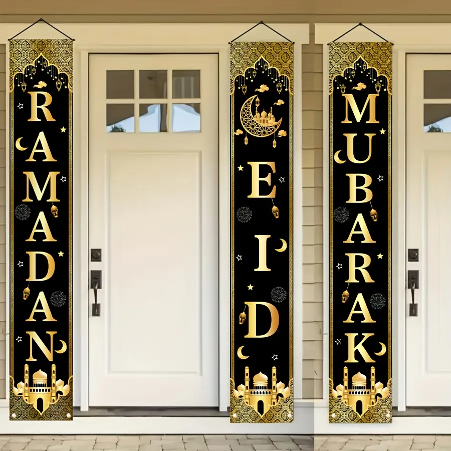 3-Piece Ramadan Decoration Set with Gold Moon Design Banner, Polyester Porch and Yard Sign for Home Party Decorations, Outdoor Banners, Party Decoration Supplies