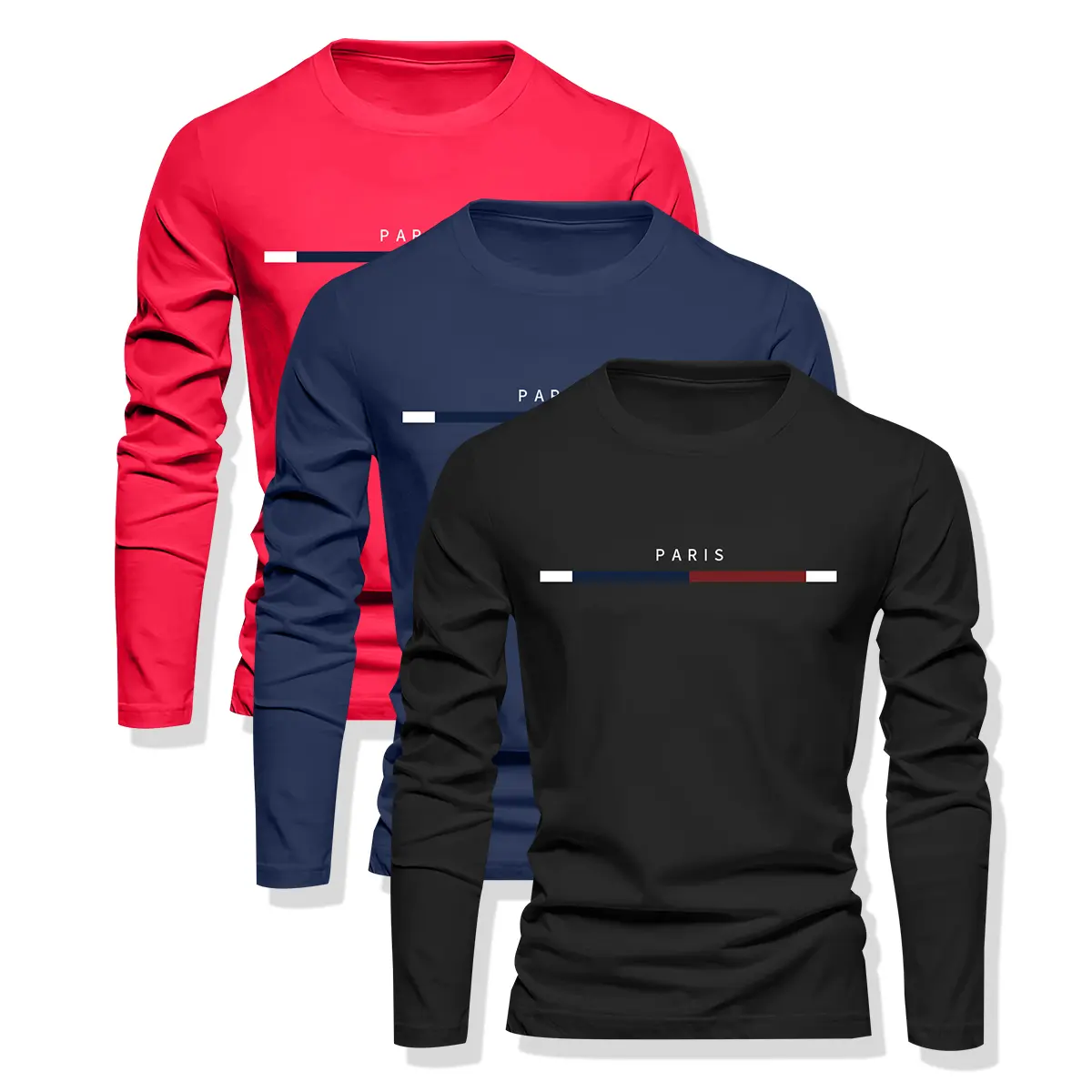 Men's 3pcs Quick-Dry Full-Sleeve Sweatshirts - Fitted Cut, Breathable Fabric, "Paris" Print, Gym Shirts, Athletic Tops, Activewear, Comfortable, Dry-Fit for Fitness Training, Daily Casual Wear
