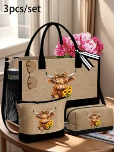 This adorable Highland cow-themed tote bag set includes a tote bag and a black coin purse, featuring a bow and leopard print design, a linen shopping bag, and a calf-patterned dinner bag. Perfect for vacations, work, and commuting. Stylish tote bag