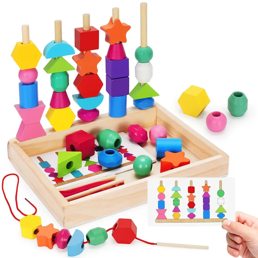 Montessori Wooden Lacing Beads Toys for Toddlers, Sequencing & Stacking Blocks with Storage Box, Stem Learning Gift for Boys & Girls