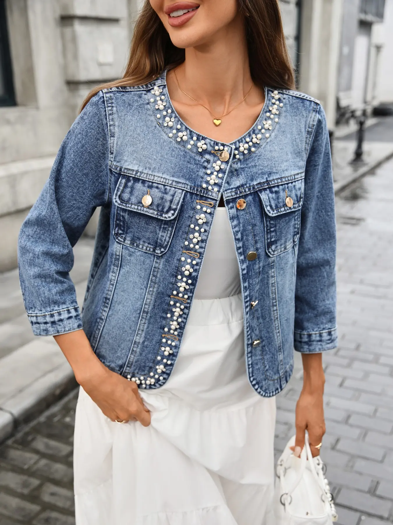 Women's Pearl Trim Short Loose Baggy Denim Jacket Coats, Three-Quarter Sleeve Round Neck Single Button Chest Pocket, Elegant Casual Outerwear, Lightweight Casual Coats