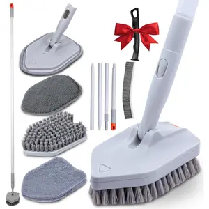 Tile Tub Scrubber Brush Shower Scrubber with Long Handle, 3-in-1 Cleaning Brush with 3 Detachable No Scratch Brush Heads, 56'' Scrub Brush for Shower, Bathroom, Wall, Kitchen, Sink,Toilet
