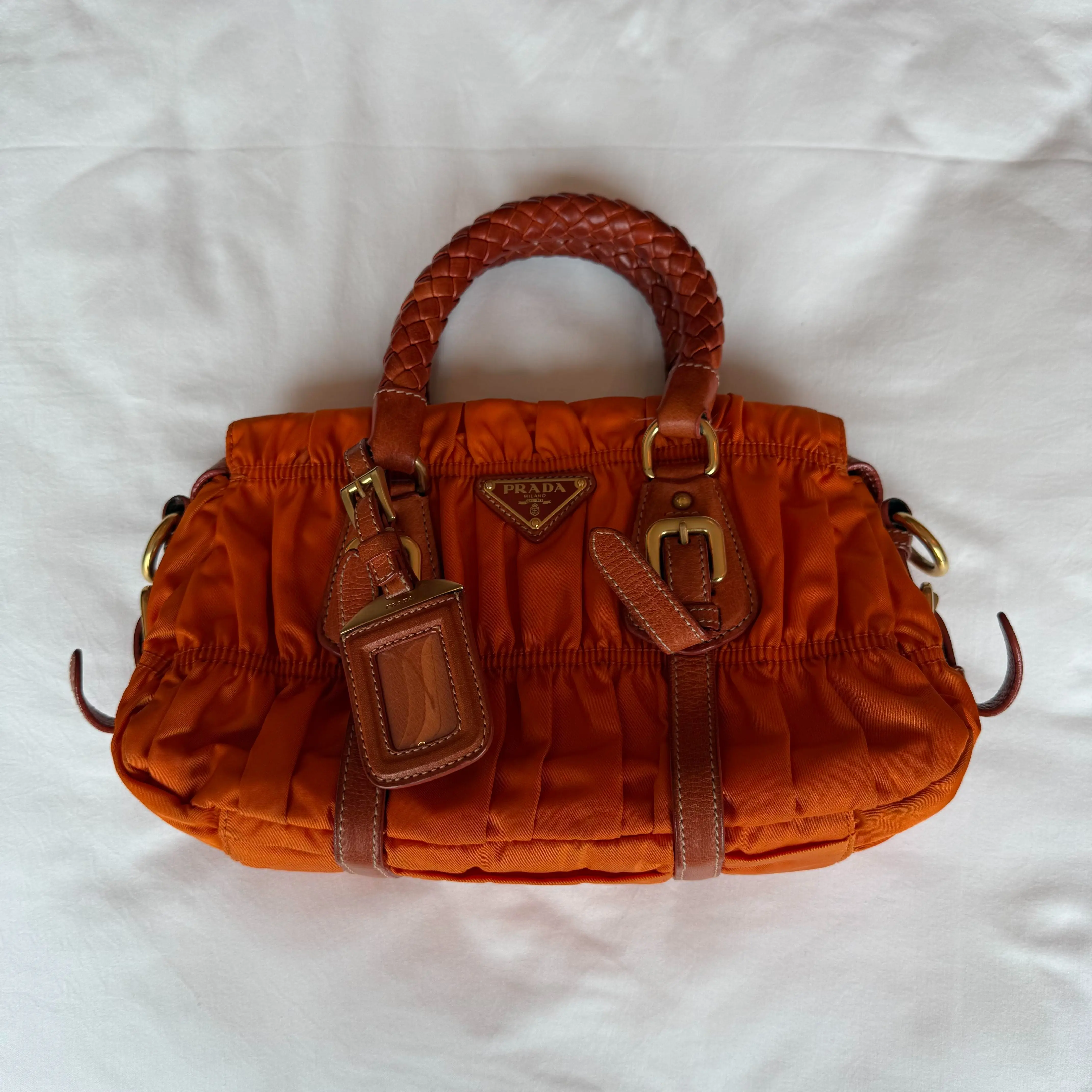 Pre-owned PRADA Tessuto Gaufre Orange Ruched Nylon Woven Leather Handle Gold Hardware Shoulder Crossbody Handbag