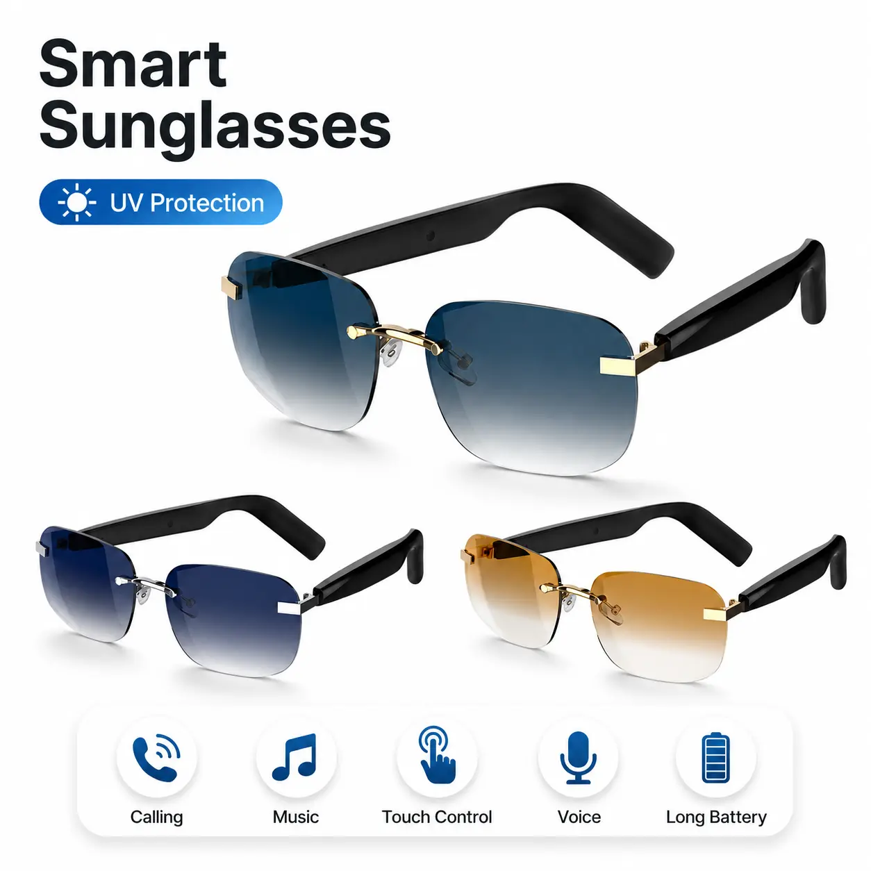 2026 Smart Glasses with 6H Playtime Bluetooth Call Music UV & Blue Light Protection Waterproof Outdoor Sports Gift Multifunctional Audio Sunglasses