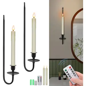 Wall Candle Holder Set of 2 with Flameless Candles Battery Operated and Remote Control, Home Decor Wall Sconces Holder Candle Sticks for Living Room Fireplace Painting (Black)