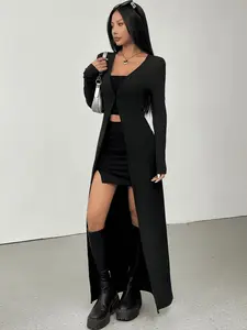 New Long Cardigan Jacket for Women, Long Sleeve, V Neck Waist Cinching Design, Side Slit Hem, Draping Fabric, Casual Streetwear, Party