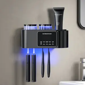 Wall Mount Toothbrush Holder with 2 Tooth Cups Smart Sterilizer Waterproof Durable Heat Resistant Odourless Modern Style Organizer Black Bathroom Accessory