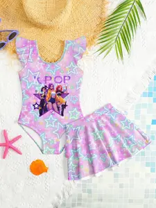Women's K-Pop Rainbow Starry Sky Printed Swimsuit Set, Slim Fit One Piece Swimwear & Sequined Cover Up Two-Piece Bathing Suit