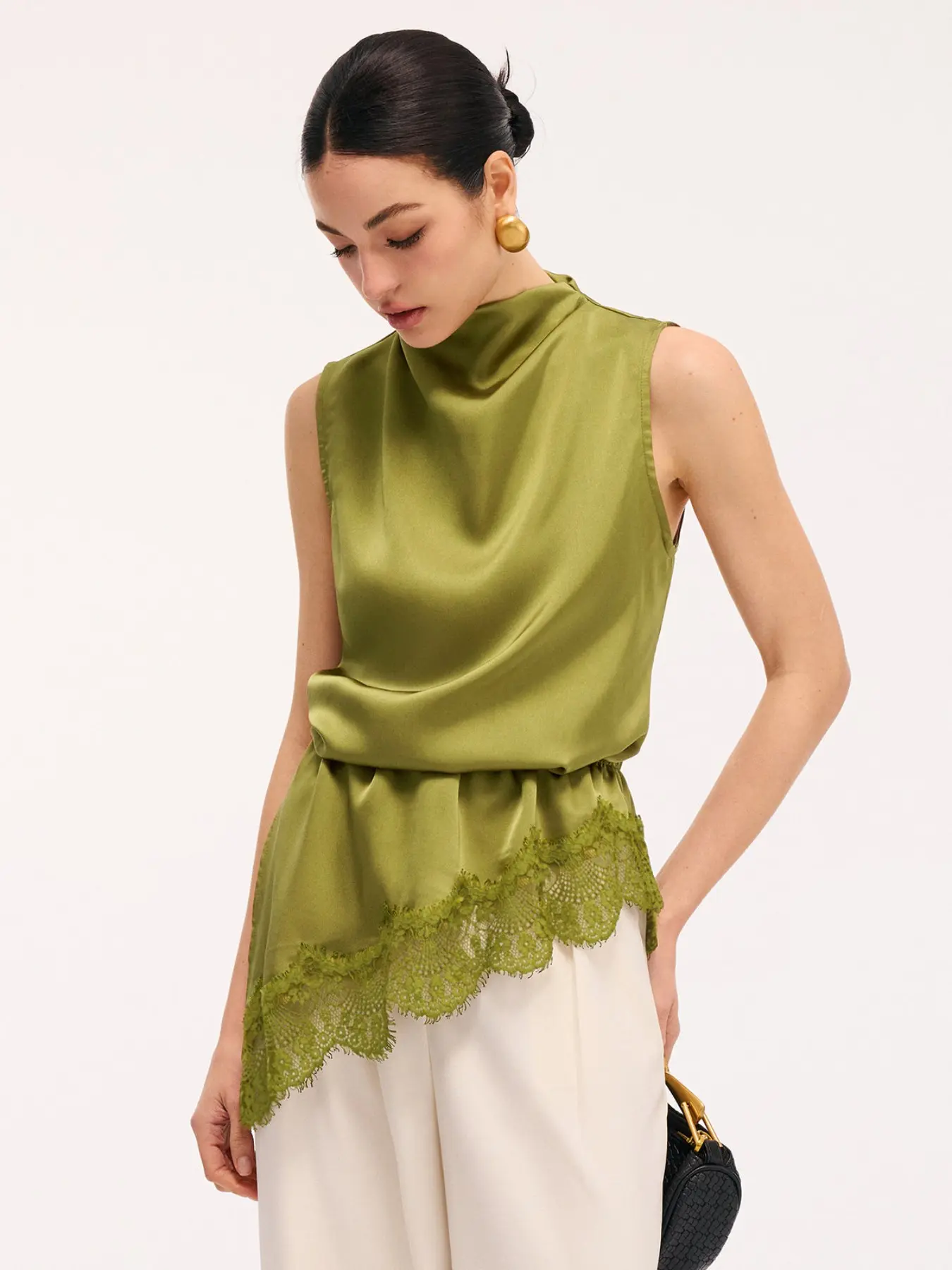 Ladies' lace satin sleeveless vest, Camisole vest, patchwork lace fashion top, French luxury, light mature commuting, casual, bohemian styles, suitable for spring, summer, autumn, office, party, date, Womenswear, Aesthetic