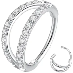 Double Open Stack CZ Nose Ring Hoop 316L Surgical Steel Helix Rook Conch Cartilage Daith Tragus Earrings Hinged Segment Nostril Piercing Septum Clicker 20G 18G 16G Lip Ring