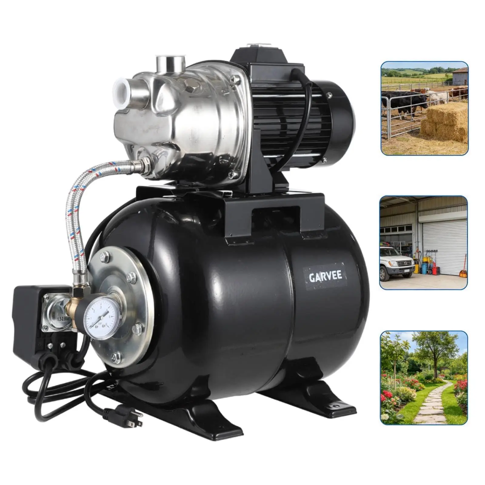 3/4HP 115V Stainless Steel Shallow Well Jet Pump with Pressure Tank - NPT, Tool-Free Setup, High-Efficiency Motor, Auto Switch, 20Ft Suction Lift, 130Ft Max Head, Built-In Gauge, Overload Protection, Real-Time Monitoring, Black for Home & Garden Cabins, A