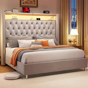 Queen/King Size Velvet Upholstered Platform Bed With Wingback Design, Integrated LED Lights, Charging Station, And Under-Bed Motion Sensor Lighting – No Box Spring Required, Built-In Storage, Grey