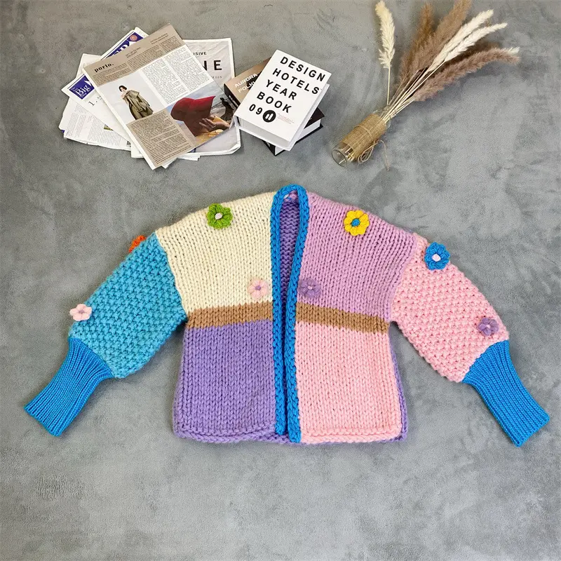 Women's Handmade Granny Square Crochet Cardigan with 3D Flowers, Long Sleeve Open-Front Knitted Sweater, Casual Fashion Fit, Deep V Neck, Normal Type, Free Size, Tops, Women's Clothes, Wool