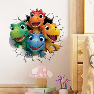 Cute Dinosaur Wall Stickers, Colorful 4 Adorable Dinosaurs Looking Through Walls, Home Decor for Living Room Bedroom Dining Room Study, Wall Art Stickers, Decorative Wall Sticker