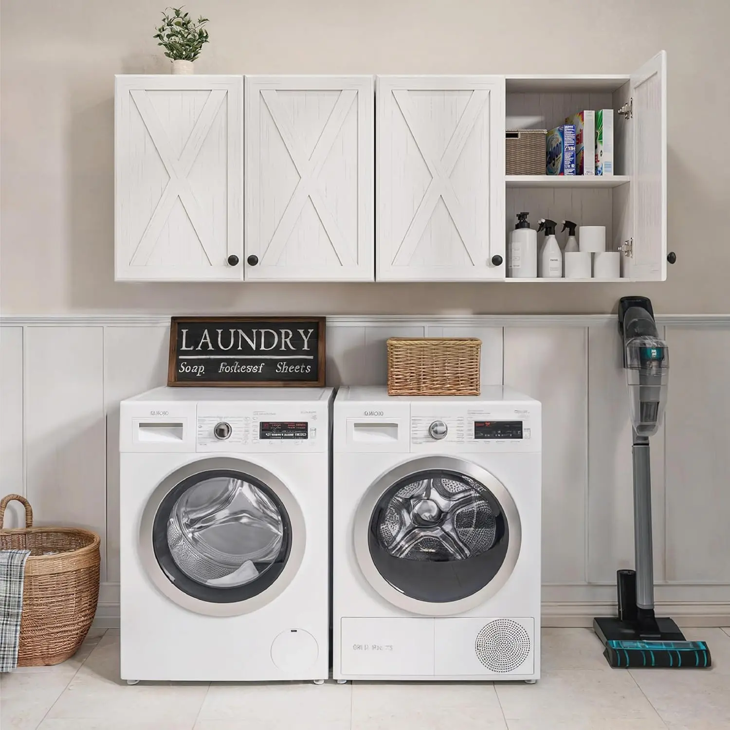Modern Storage Cupboard - Farmhouse Look Wall-Mounted Organizer, Upper Kitchen/Laundry Cabinet with Multiple Door Sizes, X-Panel, Sliding Doors, Adjustable Shelves, Space-Saving Furniture