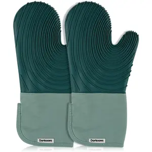 Silicone Oven Mitt Pack,Cotton Lined Gloves, BPA-Free, Long Cooking Mitts and Trivet Mats, Silicone Grilling Gloves for BBQ, 2 Pieces, (Green)