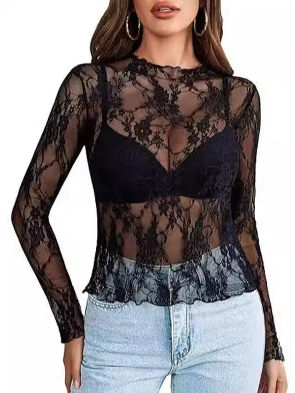 New lace women's top with long sleeves, stand-up collar, transparent shirt, see-through lace
