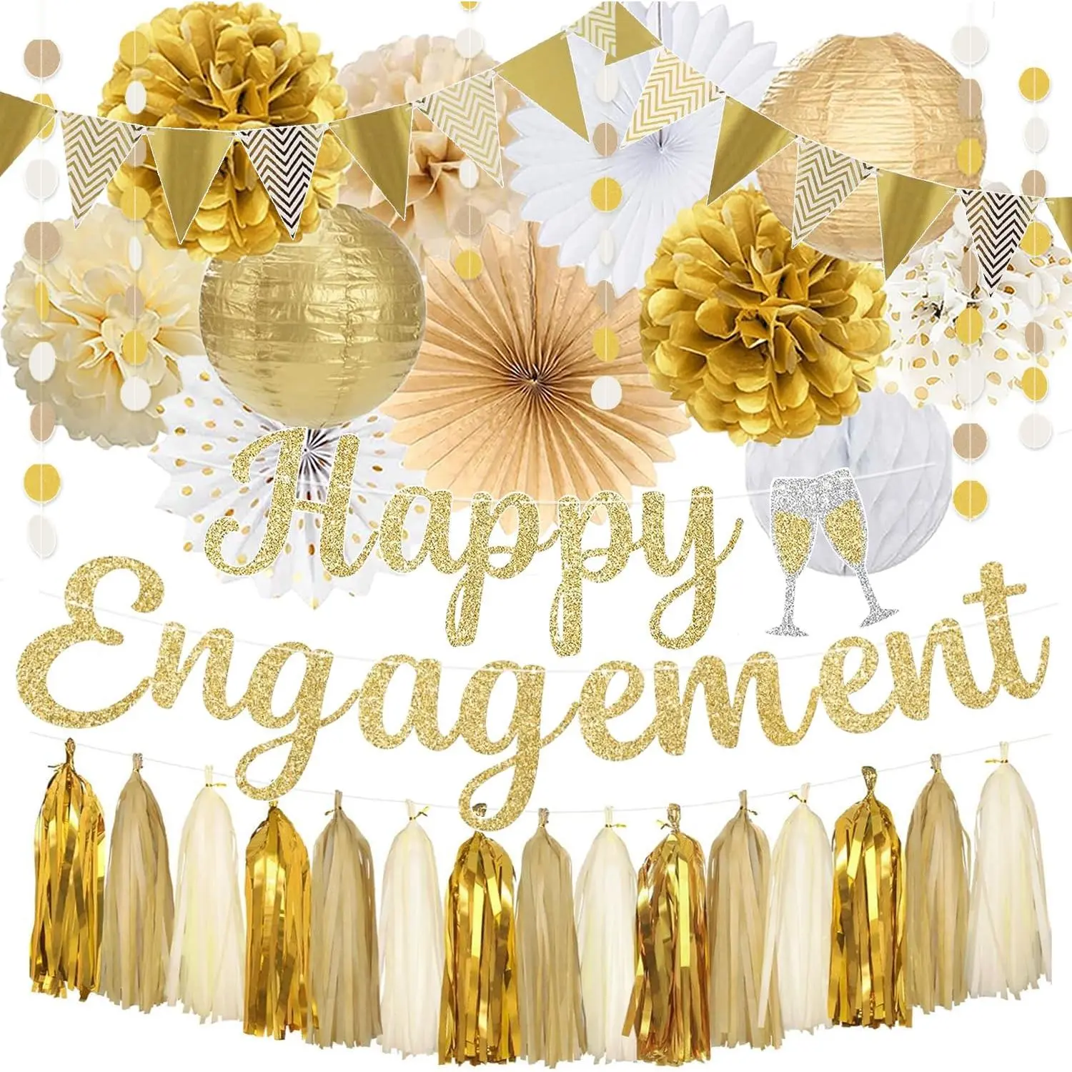 Engagement Party Decorations,  Glitter Happy Engagement Banner, Almost Married/Just Engaged Photo Background, Paper Tassel Garland for Congratulations Wedding Bachelorette Party Shower Decor
