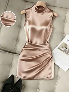 Women's Half High Neck Slim Fit Mini Dress, Split Sleeveless Evening Gown, Elegant Chic Party Wear, Perfect for Special Occasions
