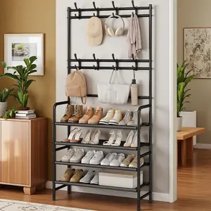 SUOERNUO Metal 4-Tier Shoe Rack Organizer with 8 Hooks & Shelf - Heavy-Duty Steel, Non-Slip, Tool-Free Closet Organization Solution for Entryways, Bedrooms (Holds 20 Pairs, Ideal for Small Spaces)