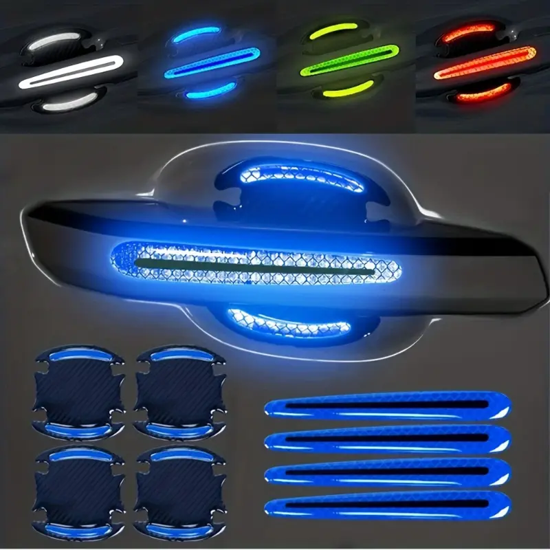 8pcs Reflective Safety Car Door Handle Protectors - 4pcs/set (12.9cm x 1.6cm, 82mm x 90mm) Anti-Scratch ABS+Carbon Fiber Anti-Collision Stickers, Strong Adhesion, Easy Installation Exterior Accessories