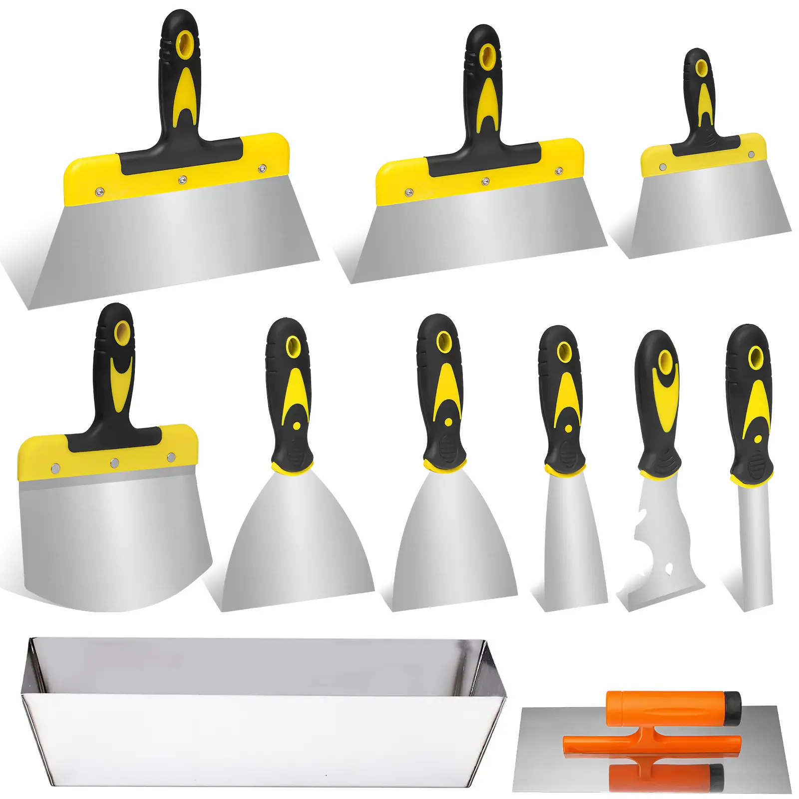 11-Pcs Stainless Steel Drywall Hand Tool Kit for DIY Home Projects - Various Sizes Taping Knives, Putty Knives, Finishing Trowel, Scoop for Patching, 12-In Mud Pan (Tape+Putty+Finish Tasks)