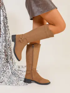 Women's Fall Winter Knee-High Boots, Large Size 22-27 Cm, Plaid Patchwork Design, Side Zip Closure, Rubber, Modern Style