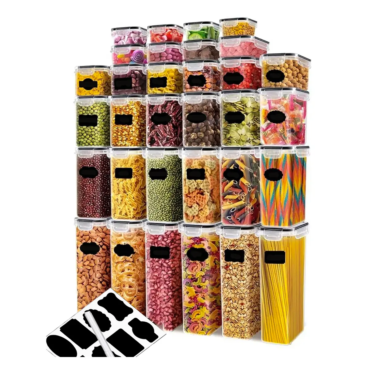24pcs Plastic Airtight Stackable Food Storage Containers Cluster Set Assortment Pack - Kitchen Pantry Organizer with Labels & Markers, Dishwasher Safe for Cereal, Pasta, Stackable Storage Containers, Plastic Food Storage