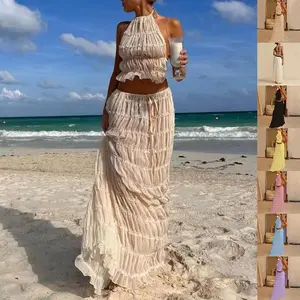 2pcs Women's Dress Suit Sexy Sleeveless Backless Cropped Halter Top And Pleated Long Skirt Beach Clothing Basic Womenswear