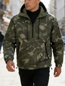 Men's Camouflage Waterproof Windproof Drawstring Hooded Jacket, Casual Long Sleeve Outdoor Coat with Zipper Pockets, All-Season Wear