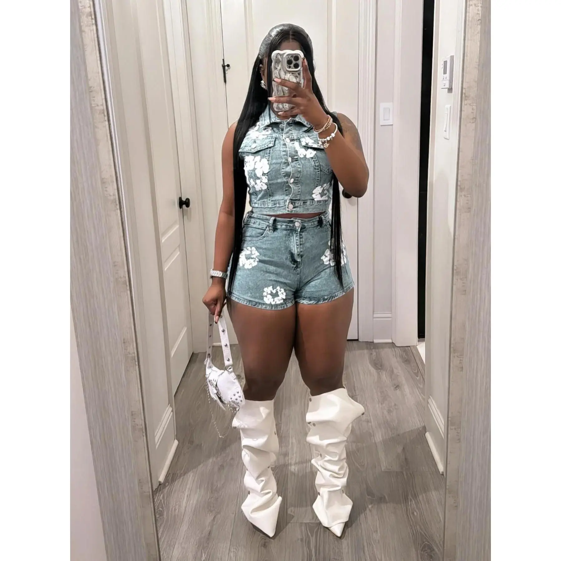 Streetwear Jeans Outfit Set Sexy Women Elegant Two Pieces Jeans Club Matching Top+Shorts